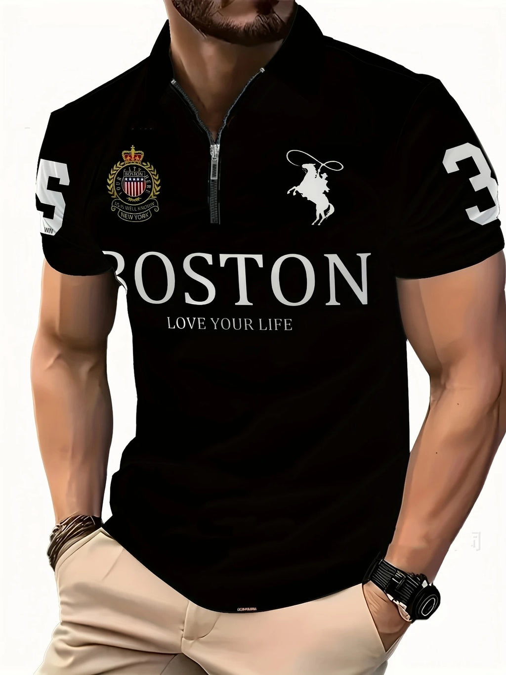 Summer High-End Business Streetwear 3D Digital Print Lapel Mens Zip-Up Polo Shirt