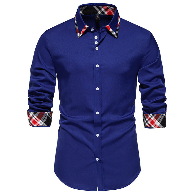 Men's Plaid Contrast Color Triangle Collar Long Sleeve Shirt