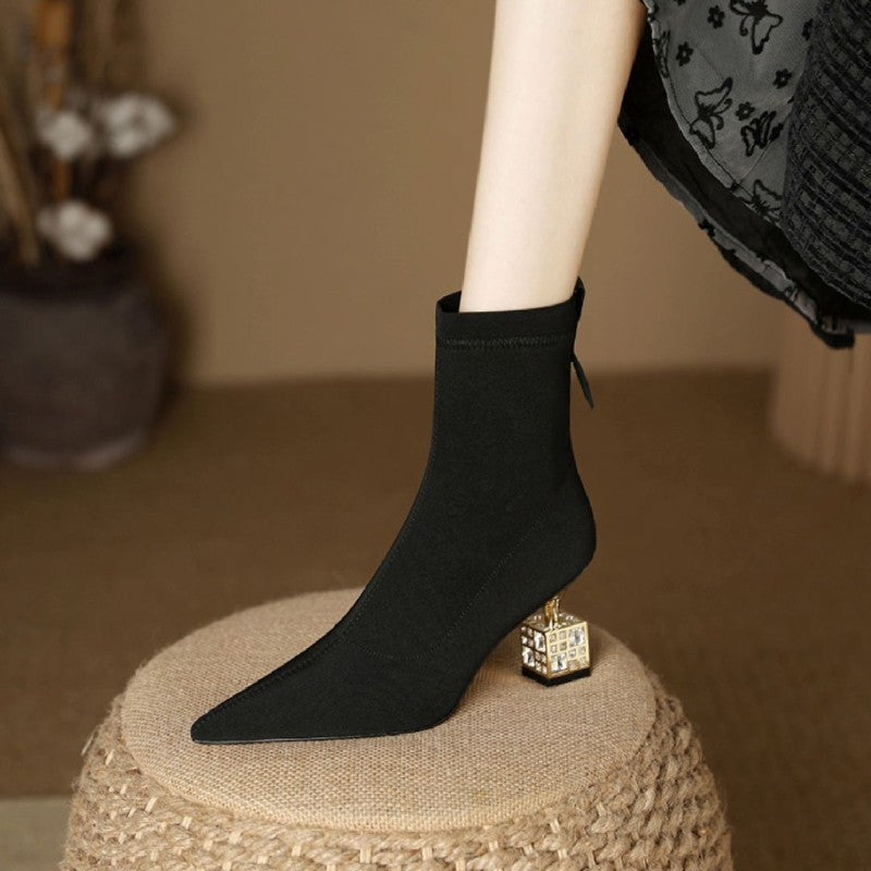 Pointed Toe Mid-calf High-heeled Skinny Boots