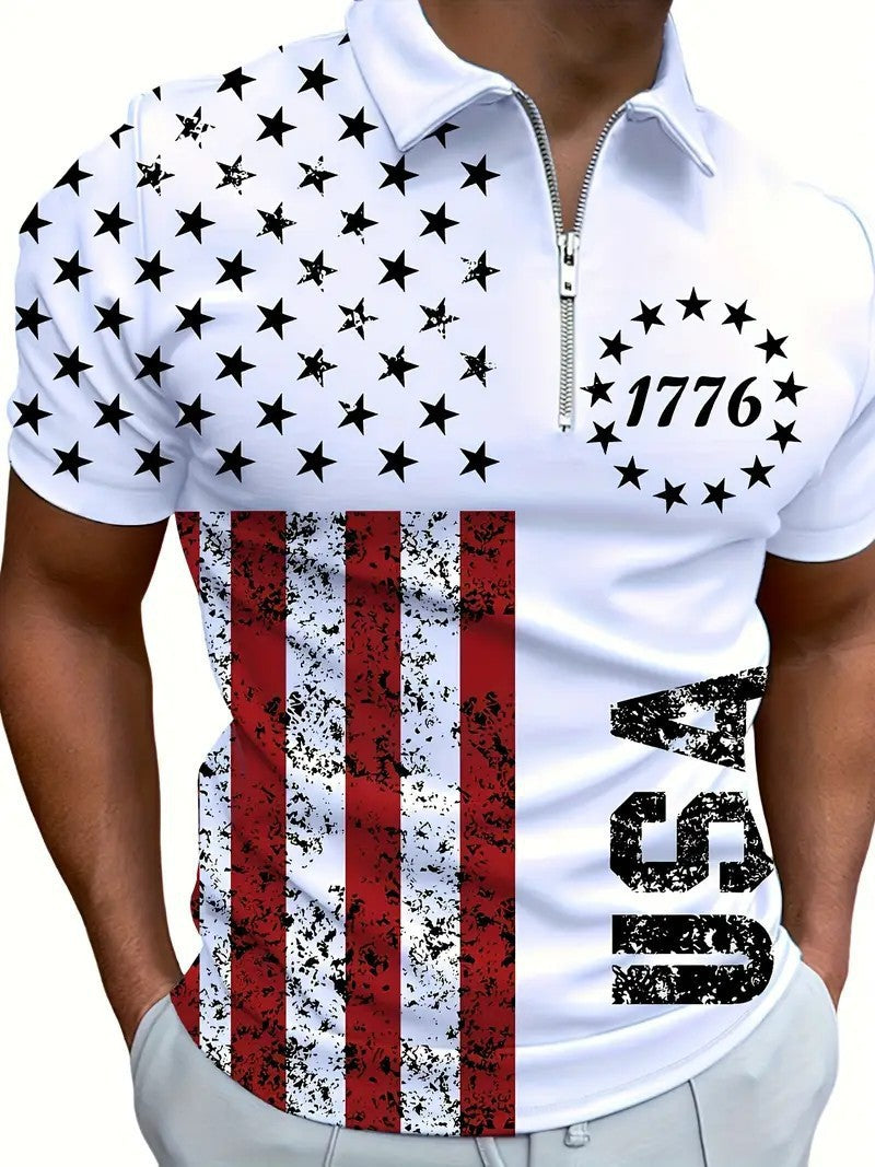 Summer High-End Business Streetwear 3D Digital Print Lapel Mens Zip-Up Polo Shirt