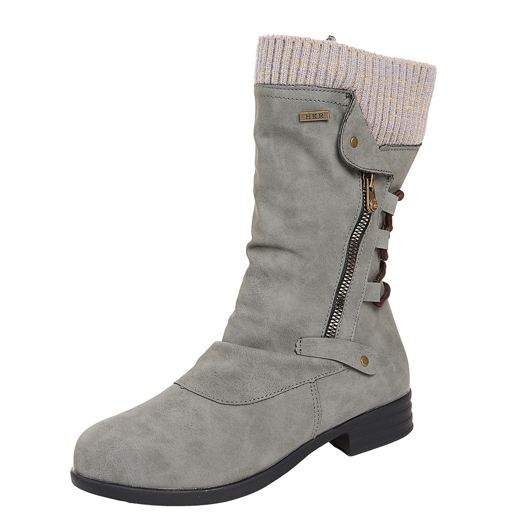 Woolen Edge Round Head Side Zipper Leather Boots