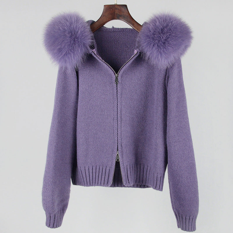 Zipper Real Fox Fur Collar Hooded coat