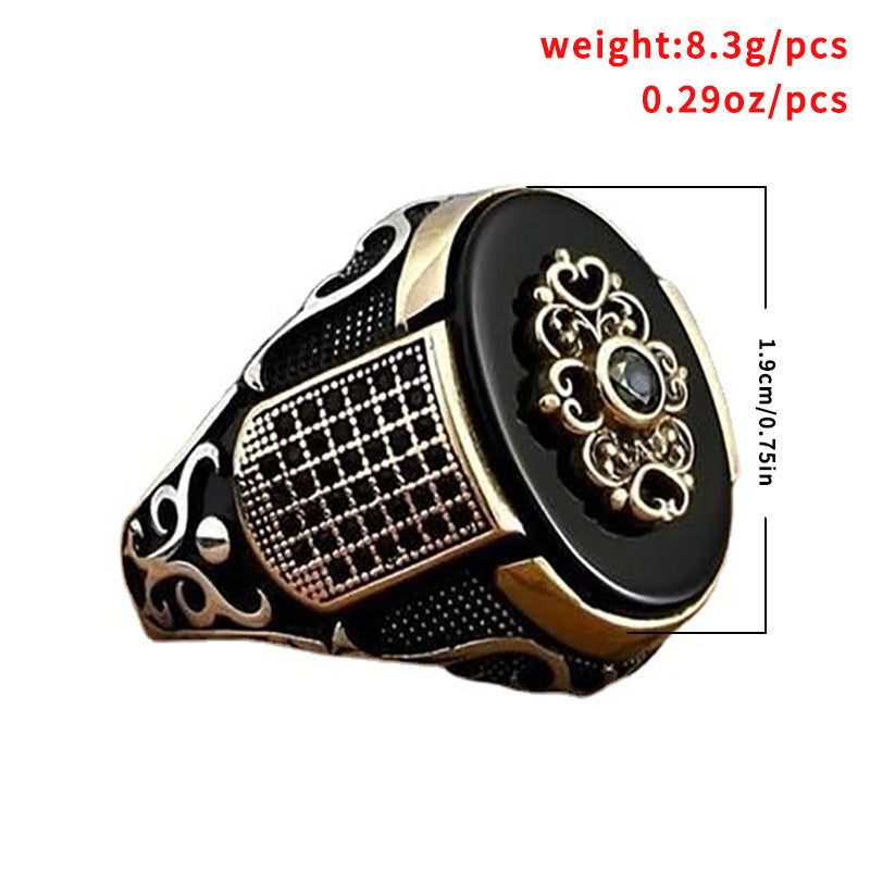Fashionable Men's Ring With Black Gemstones In Metal