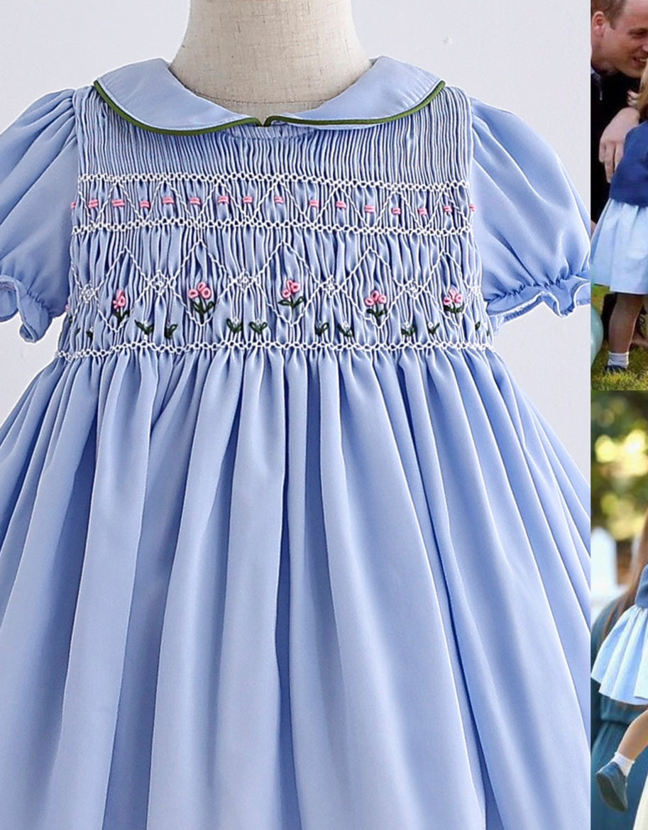 Handmade Cotton Blue And Short-sleeved Dress