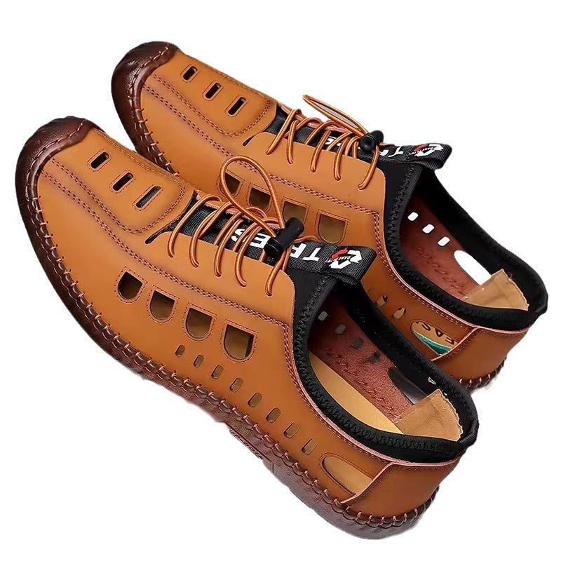 Men's Sandals Hollow Leather Soft Bottom Hole Shoes
