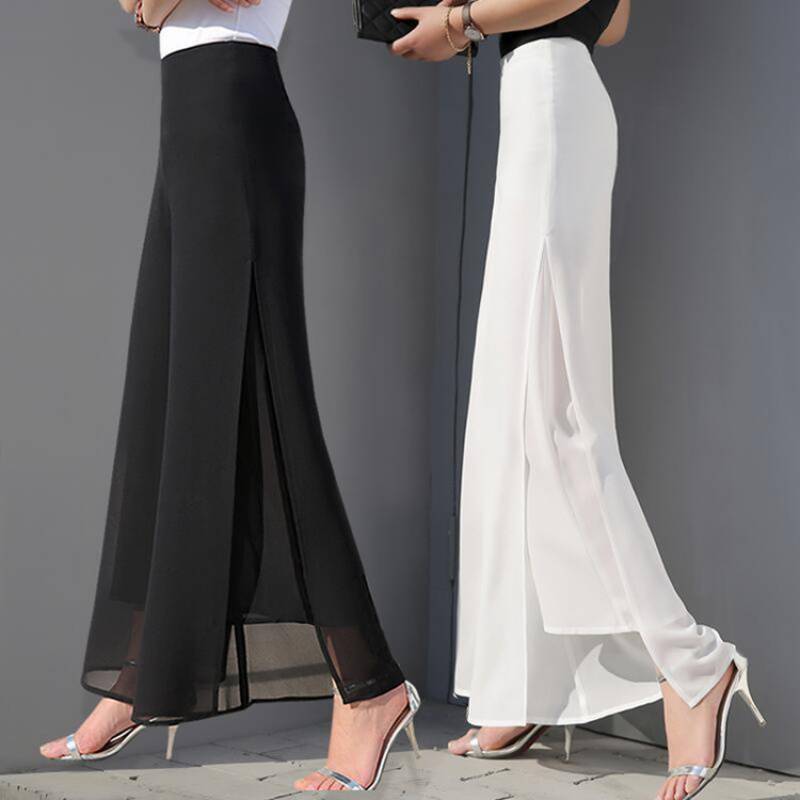 Temperament Commuter High Waist Black Irregular Loose Chiffon Wide Leg Pants