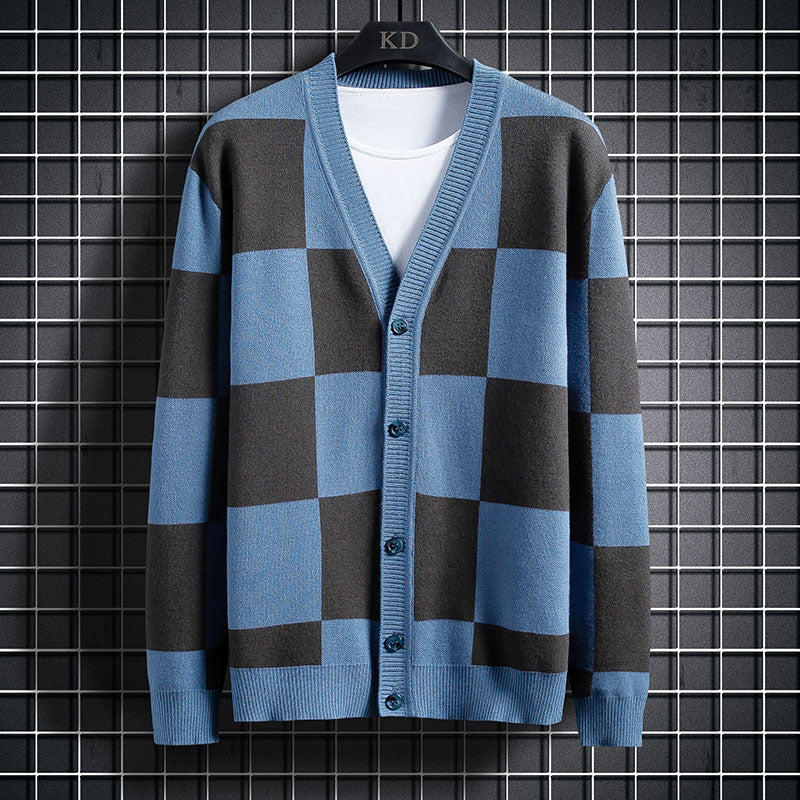 Plaid Men's Knitted Sweater Cardigan Outer Wear Spring And Autumn Coat
