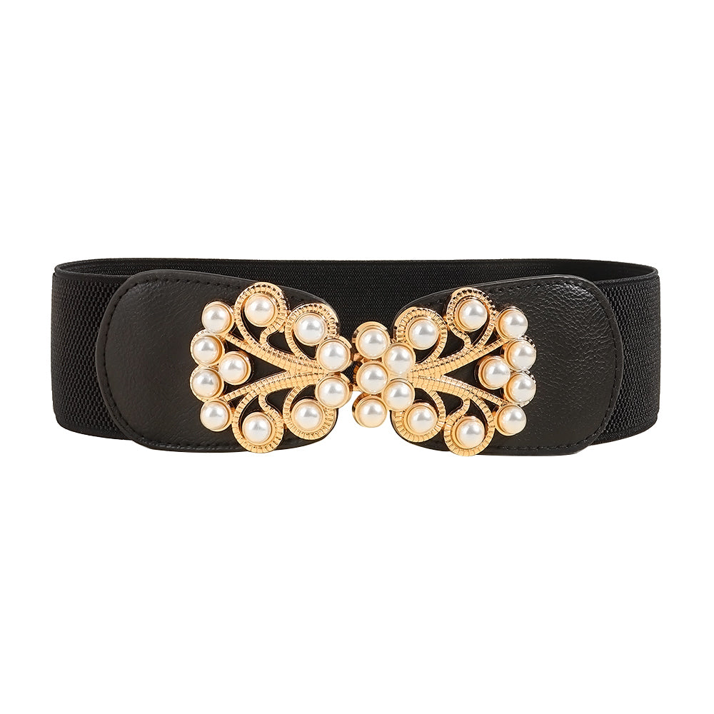 Elastic Wide  Pearl Metal Buckle Belt