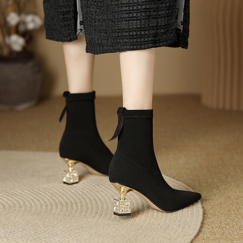 Pointed Toe Mid-calf High-heeled Skinny Boots