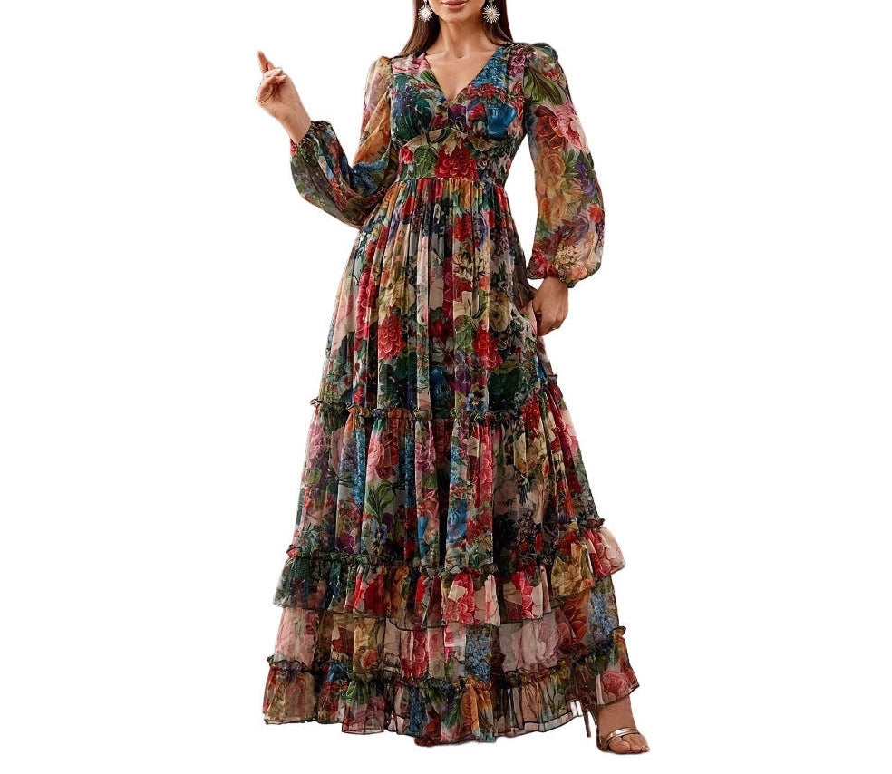 Printed Long-sleeve Puffed-sleeve Belted Maxi Dress