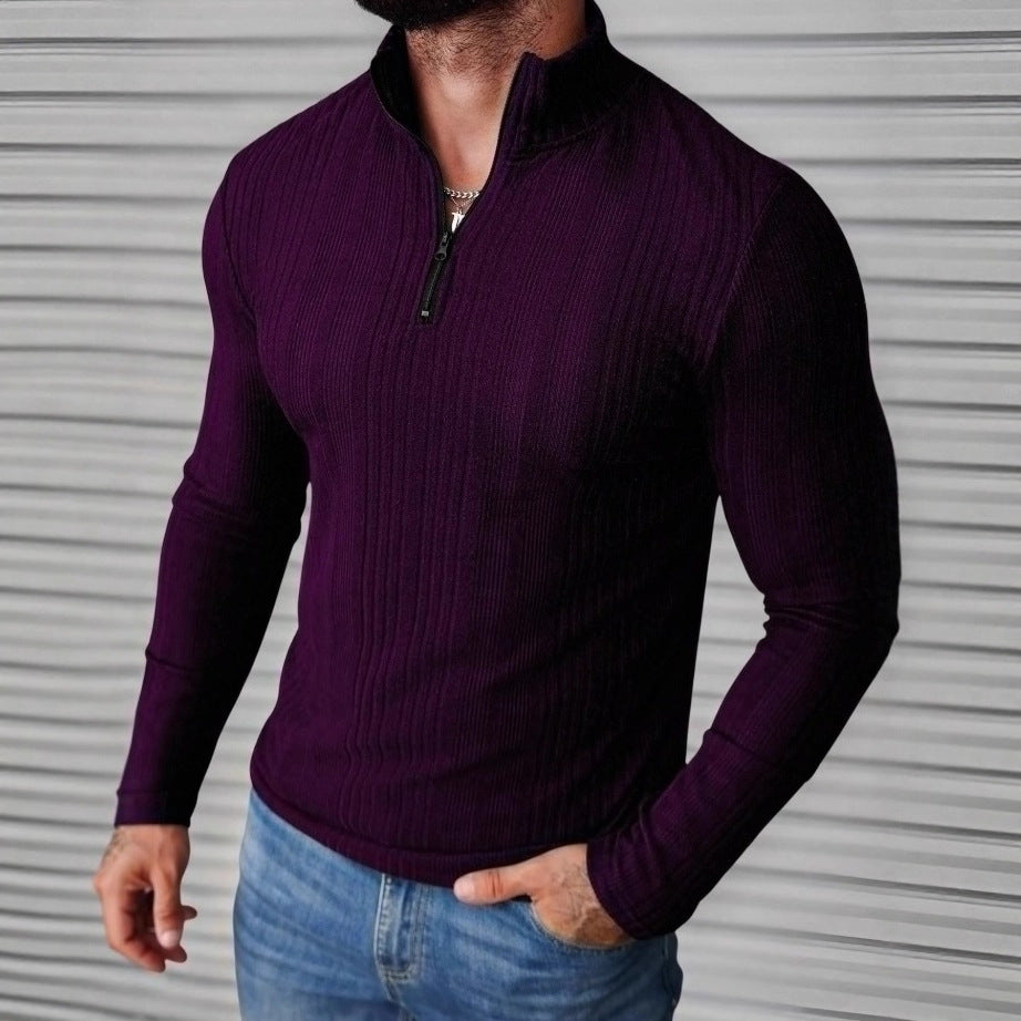 Casual Stand-up Collar Pullover Slim-fit Solid-color Ribbed Long-sleeve Hoodie