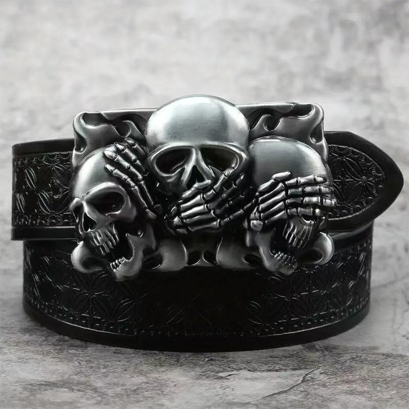 Mens Alloy-buckle Leather Belt With A Vintage Embossed Design