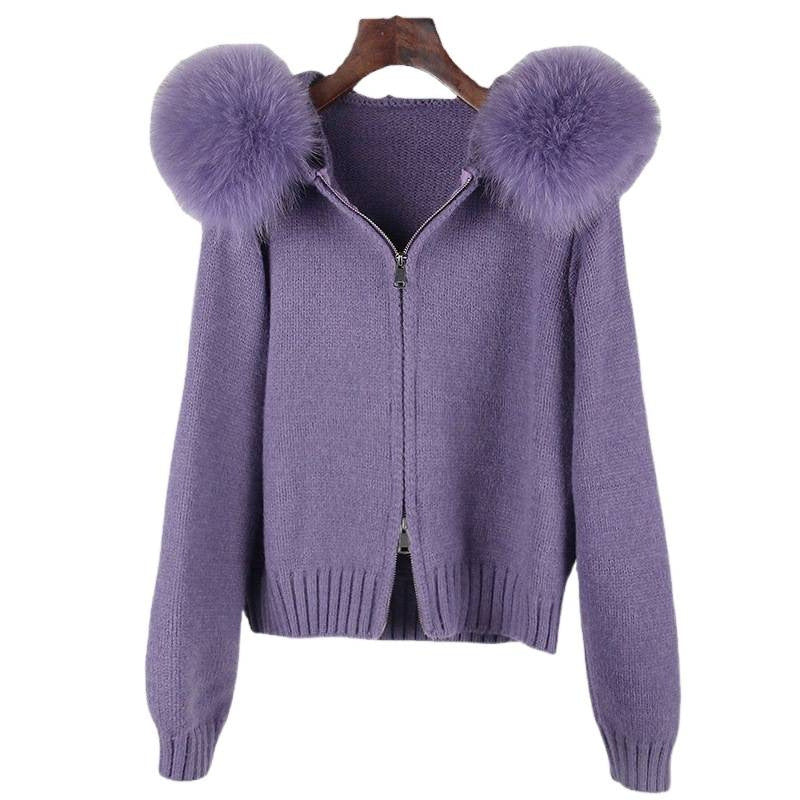 Zipper Real Fox Fur Collar Hooded coat