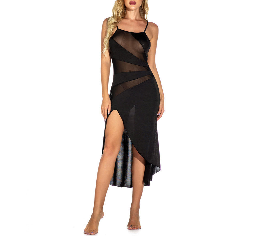 Mesh See-through Slit Suspender Maxi Dress