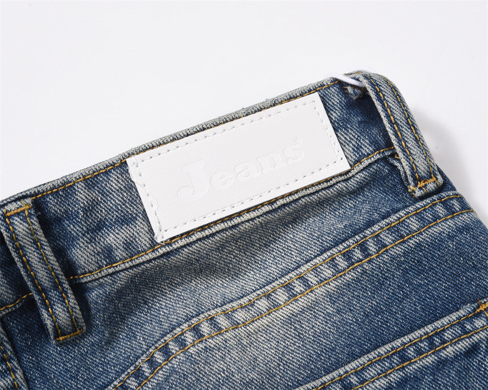 Washed White Pleated Straight Jeans For Men