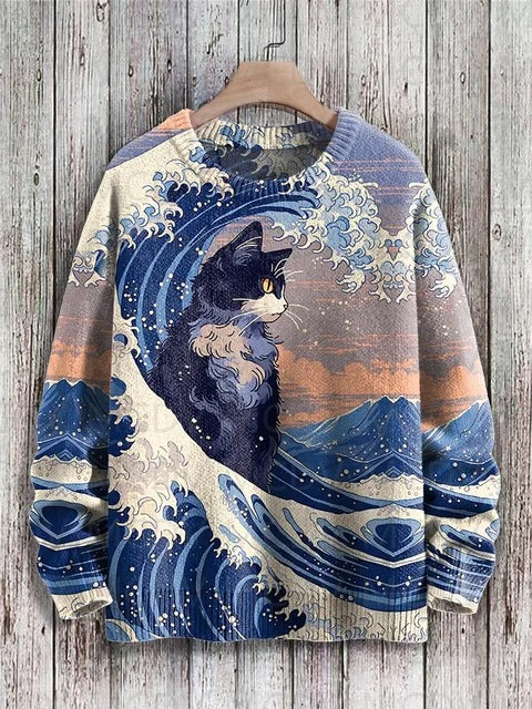 Vintage Japanese-style Painting Cat Art Casual Printed Chunky-knit Crewneck Hoodie For Men And Women