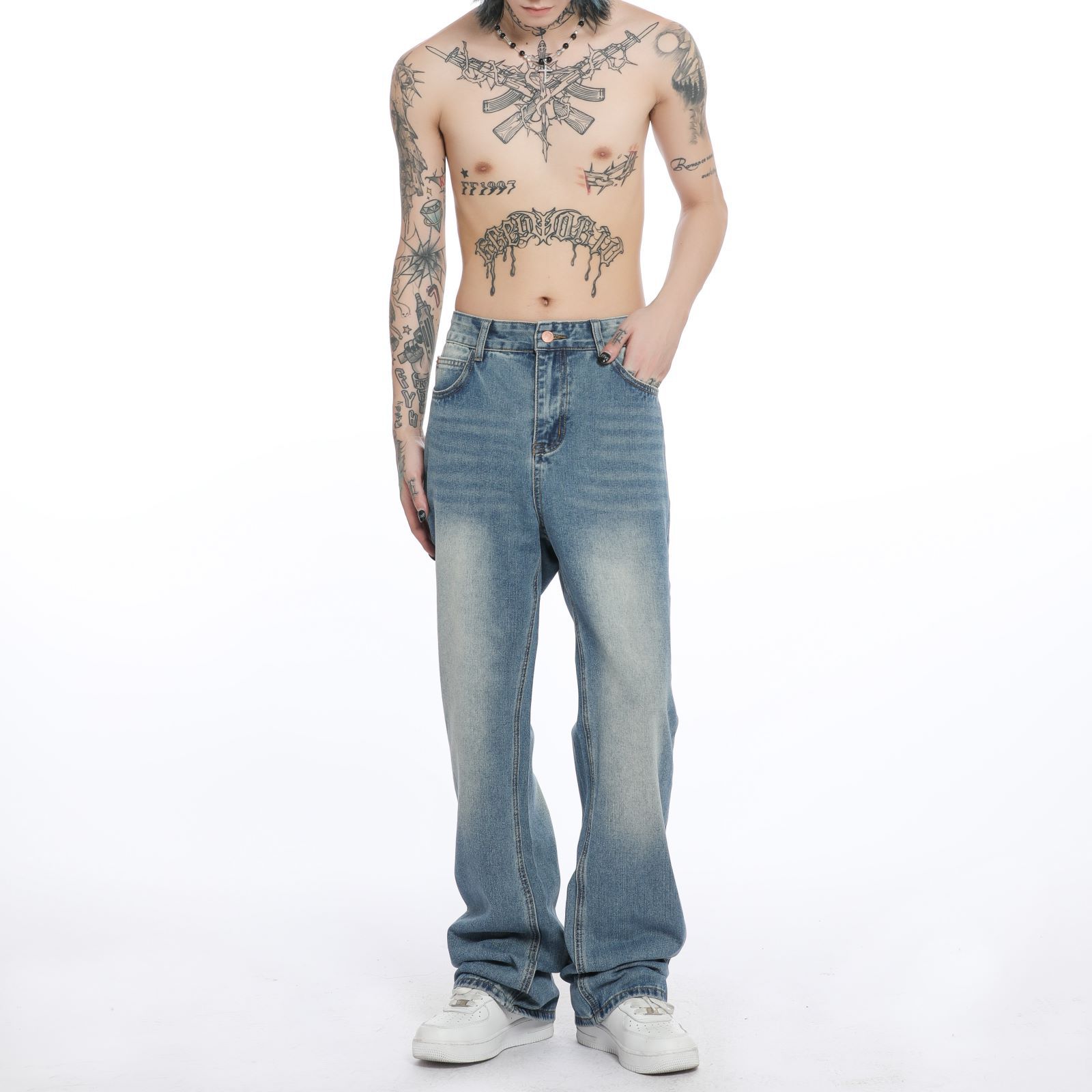 Men's Washed Blue Jeans Straight Bootcut Trousers