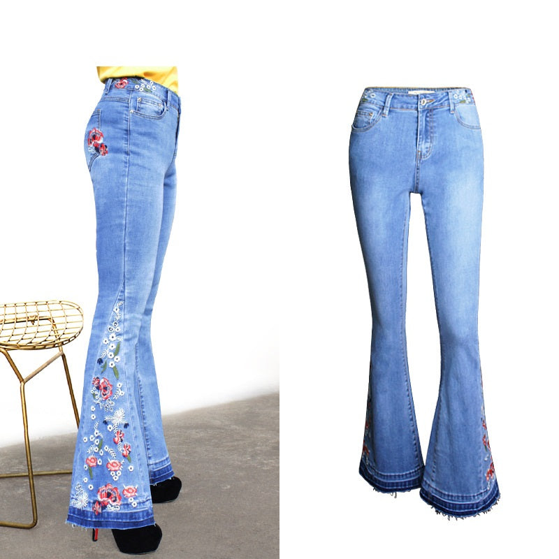 Denim Flared  Embroidered pants