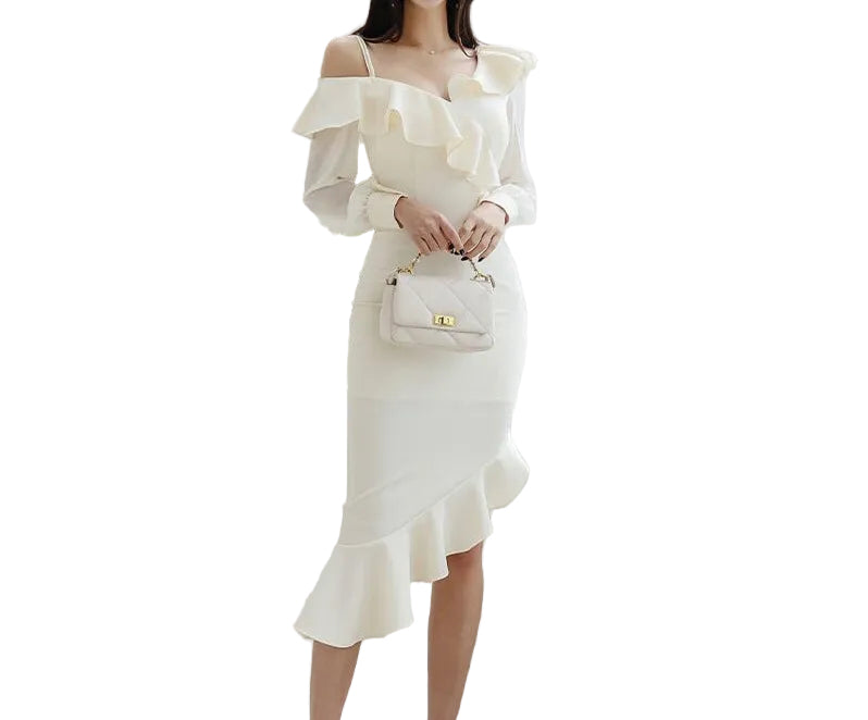 Woman in a white off shoulder dress best for summer only available on diamond Sadaf brand Canada  large windows.