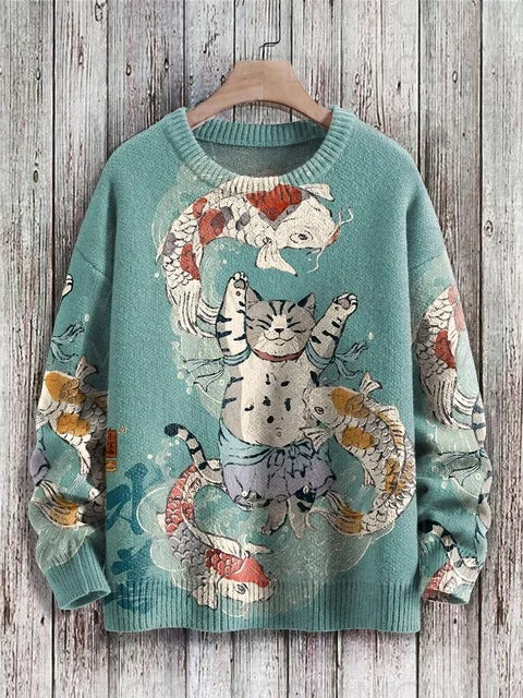 Vintage Japanese-style Painting Cat Art Casual Printed Chunky-knit Crewneck Hoodie For Men And Women