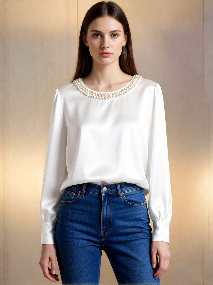 Womens French-style Sophisticated Pearl-collared Satin Blouse