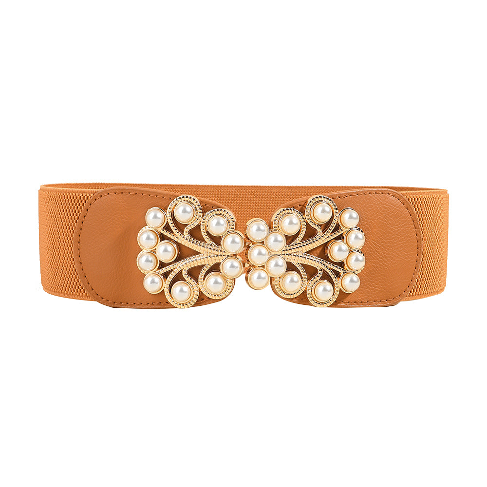 Elastic Wide  Pearl Metal Buckle Belt