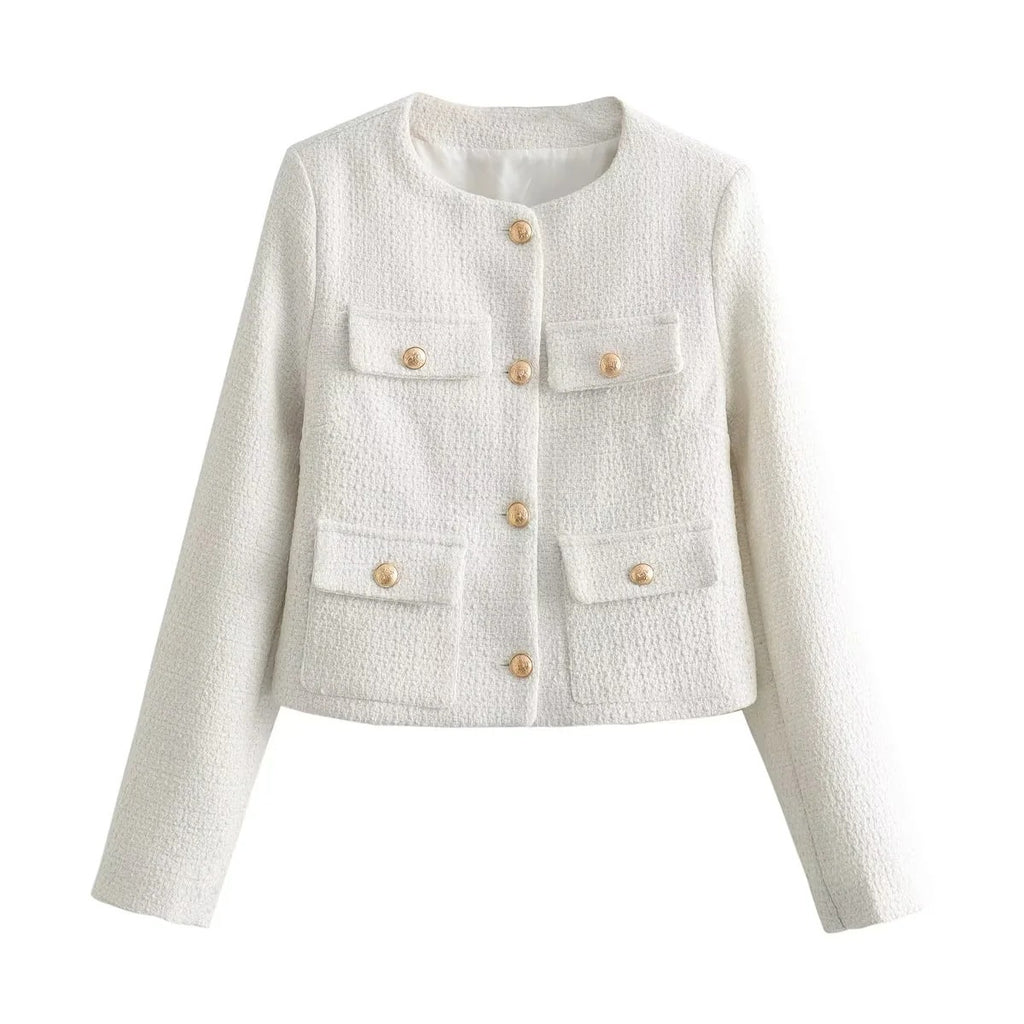 Textured Padded-shoulder Crew-neck Long-sleeve Jacket