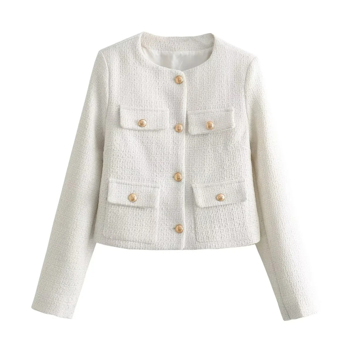Textured Padded-shoulder Crew-neck Long-sleeve Jacket