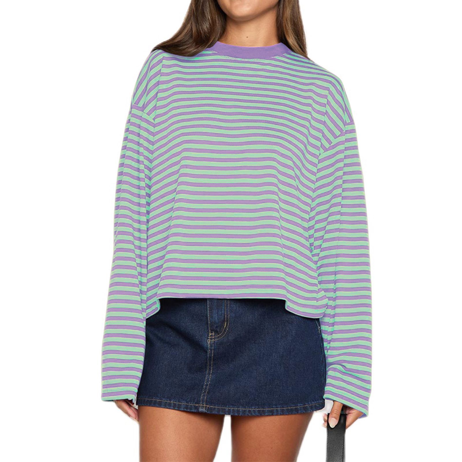 Round-neck Cotton Long-sleeve Striped T-shirt