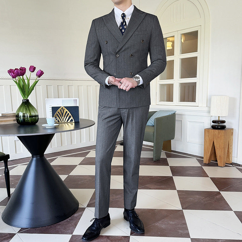 Peak-lapel Coat With Double-breasted Design Textured Stripes And A Three-piece Set