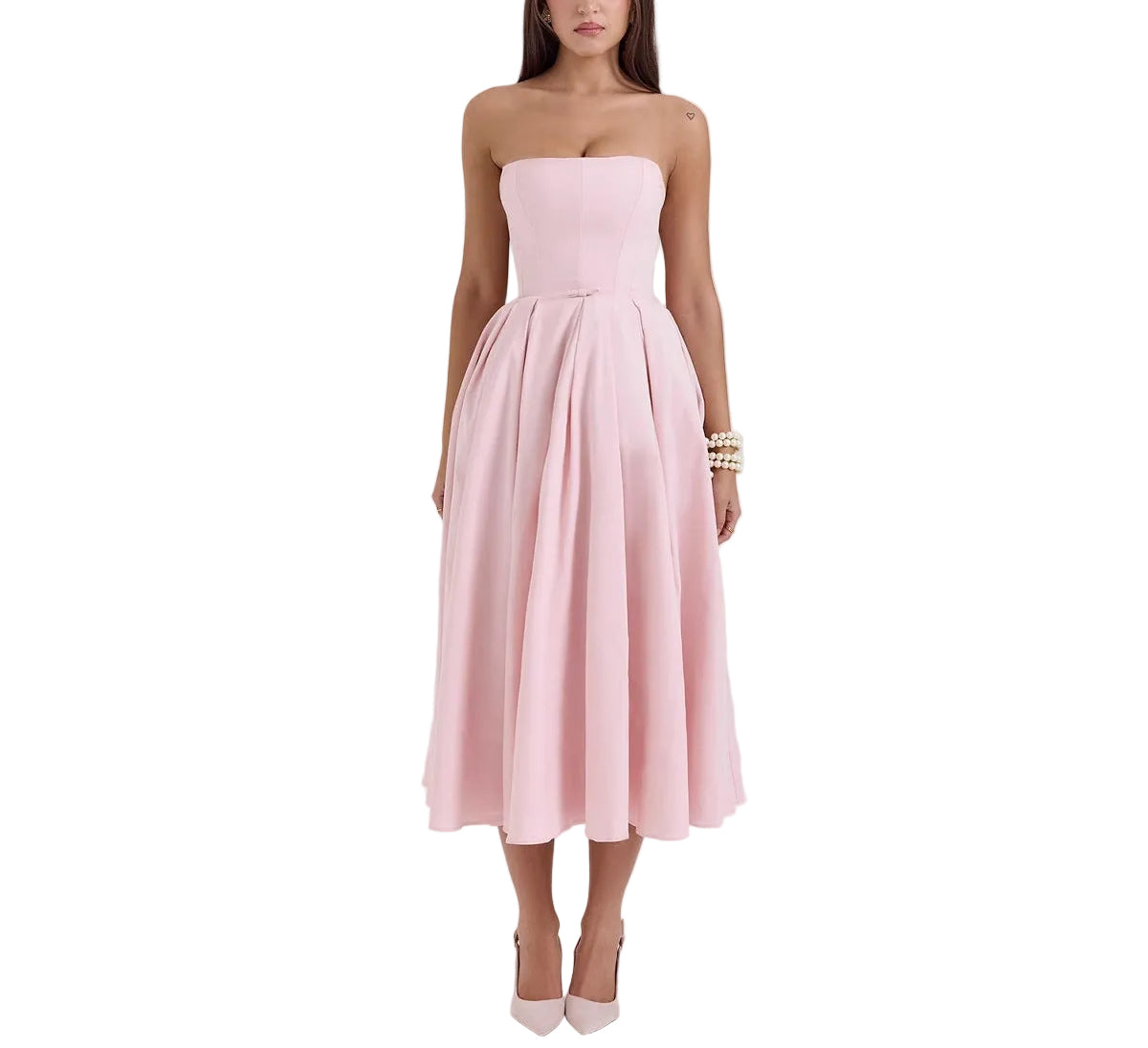 Woman wearing a pink strapless dress on a white background diamond Sadaf 