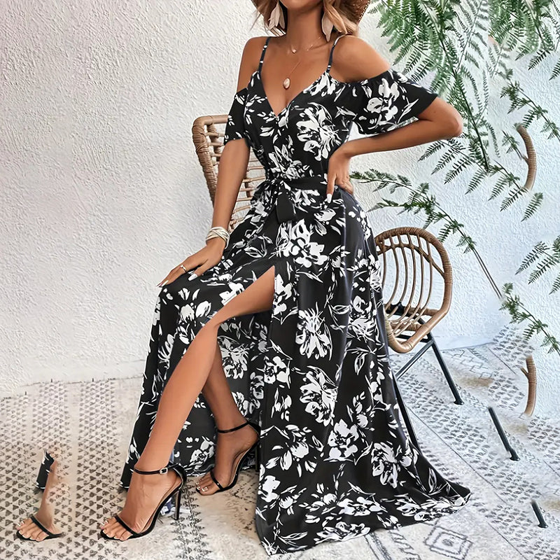 Women's Floral Maxi Dress Cold Shoulder Split Belted A Line Long Summer Dress