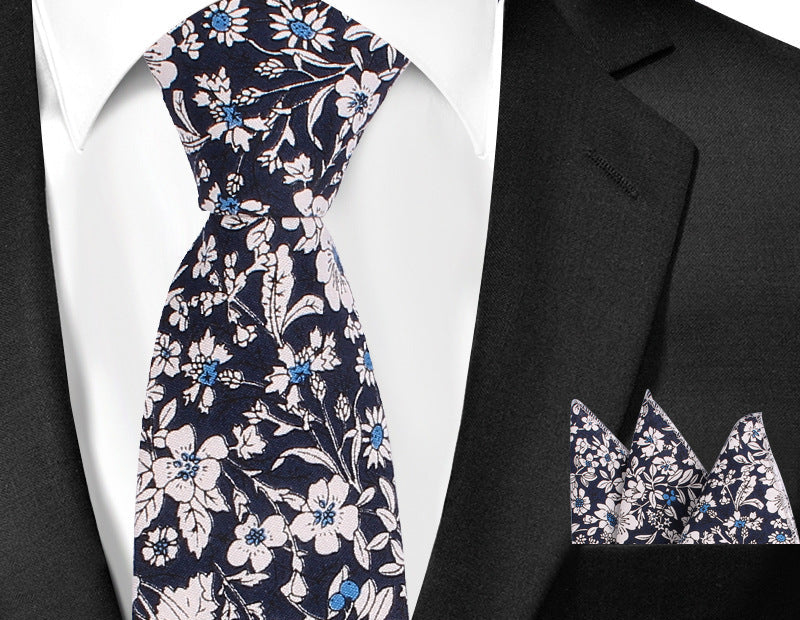 Casual Cotton Floral Print 6cm Casual Tie Pocket Square Suit