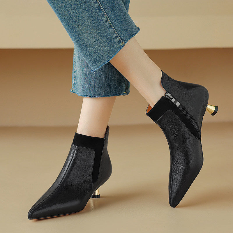 Genuine Leather Pointed-toe Kitten Heel Ankle Boots With A Sleek Mid-heel Design