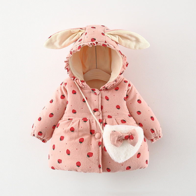 Fruit Printed Fleece-lined Thickened Girls' Cotton-coat Free Bag