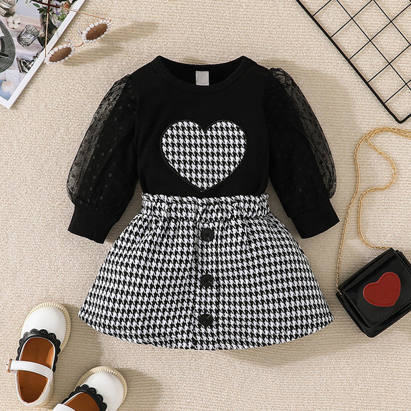 Infant Toddler Long-sleeved Pullover Skirt Two-piece Girl's Cute Love Top Tartan Skirt Suit