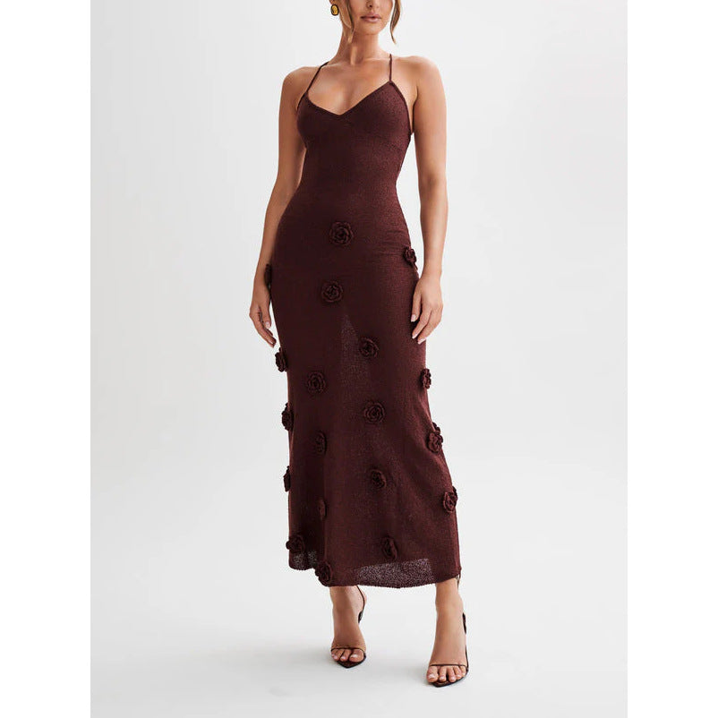 New Suspender Sleeveless Dress Three-dimensional Flower Heavy Industry Knitted Backless Tie