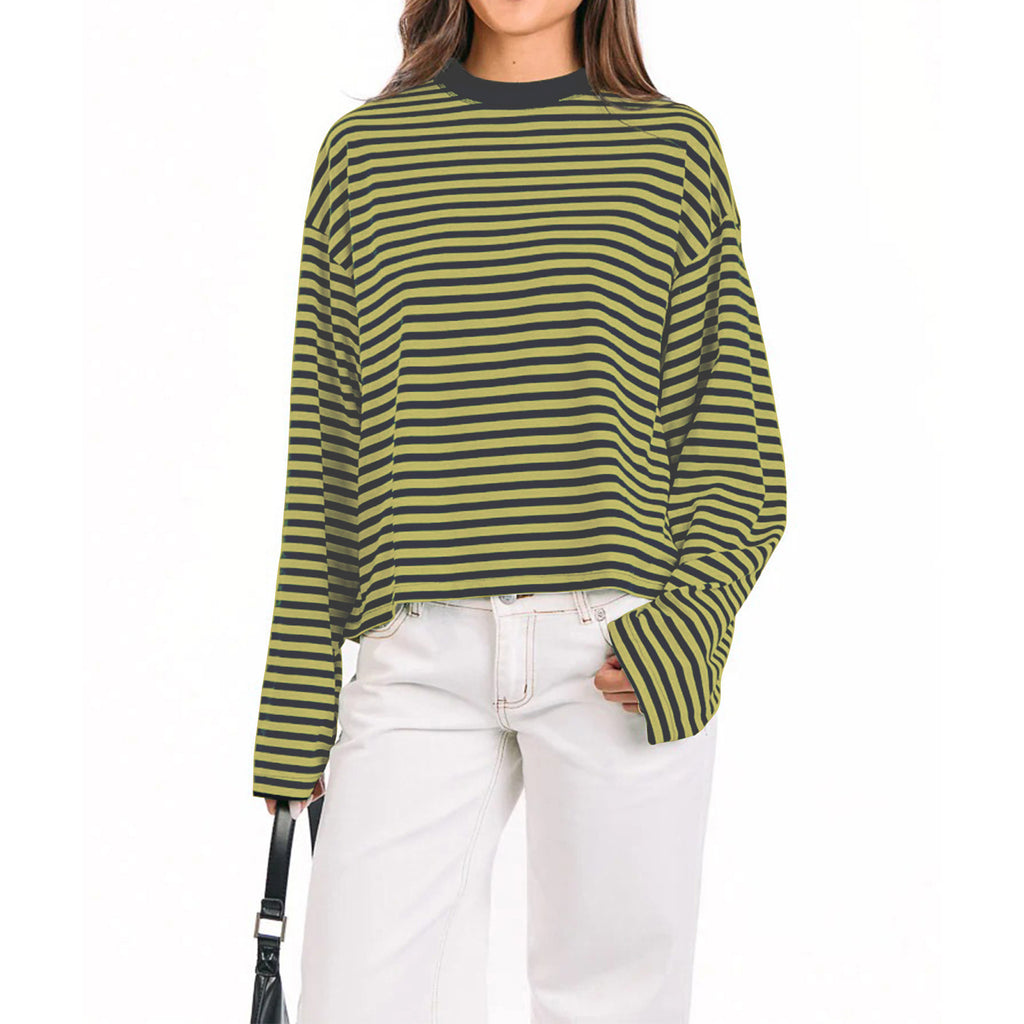 Round-neck Cotton Long-sleeve Striped T-shirt