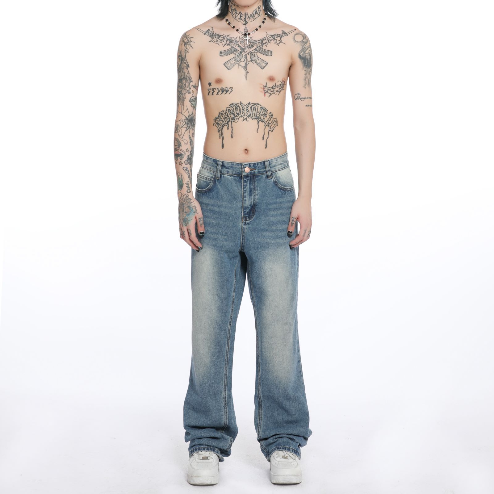Men's Washed Blue Jeans Straight Bootcut Trousers