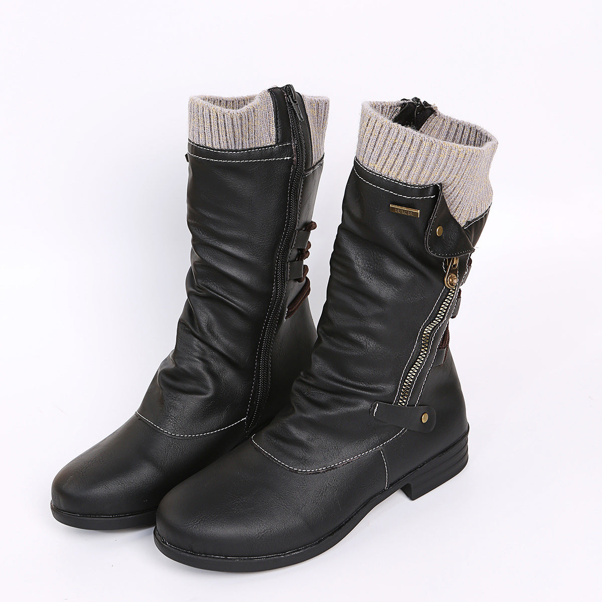 Woolen Edge Round Head Side Zipper Leather Boots