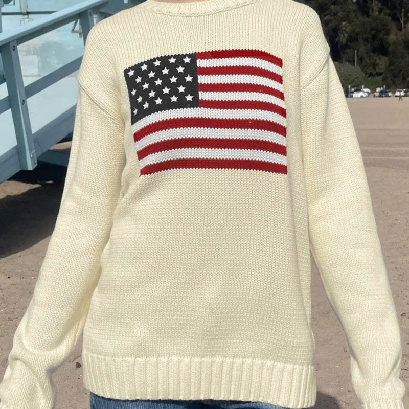 Women's Loose Round Neck Flag Sweater