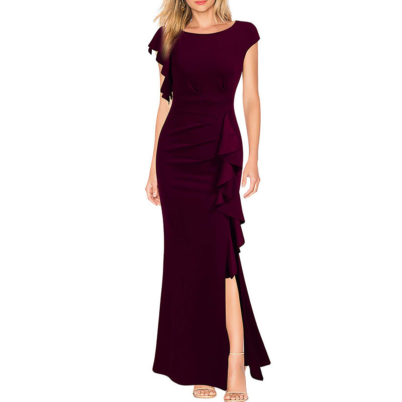 High Waist Slit Dress Elegant Fashion Round Neck Commuting Style Dress Evening Party Dress