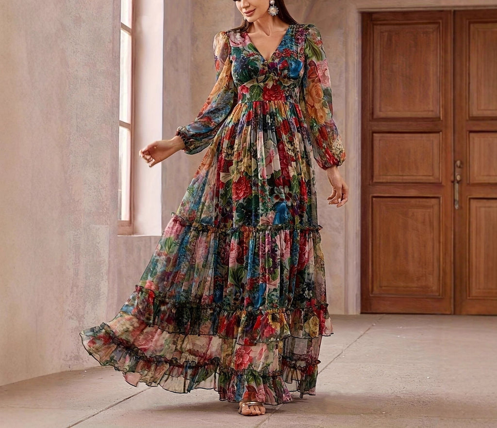 Printed Long-sleeve Puffed-sleeve Belted Maxi Dress
