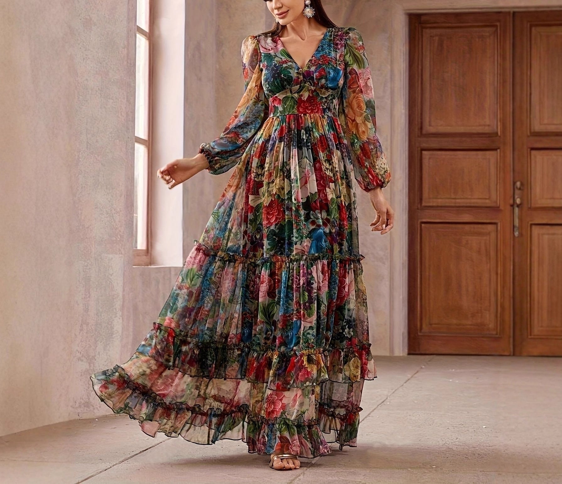 Printed Long-sleeve Puffed-sleeve Belted Maxi Dress