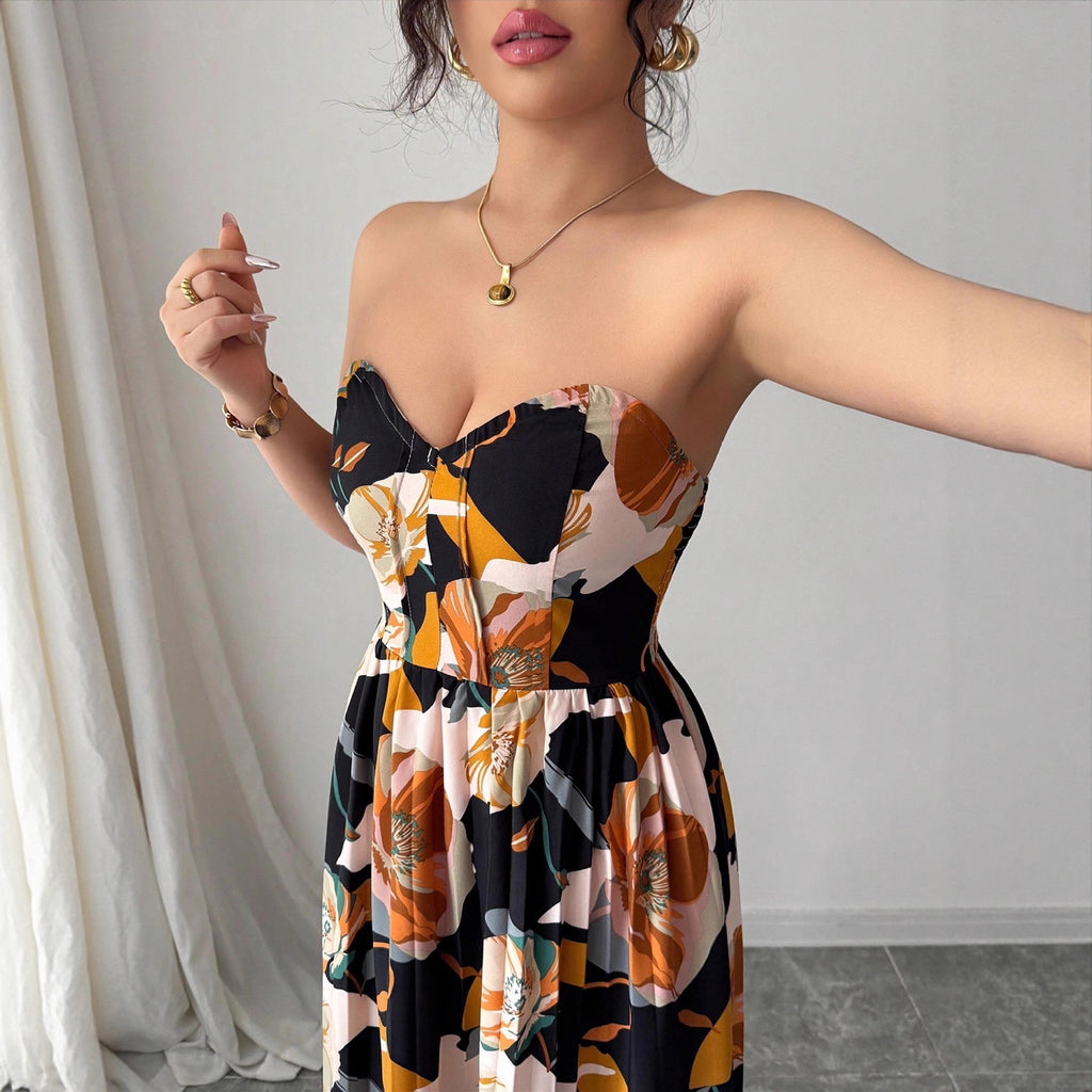 Women's Printed Pleated Sleeveless Tube Maxi Dress