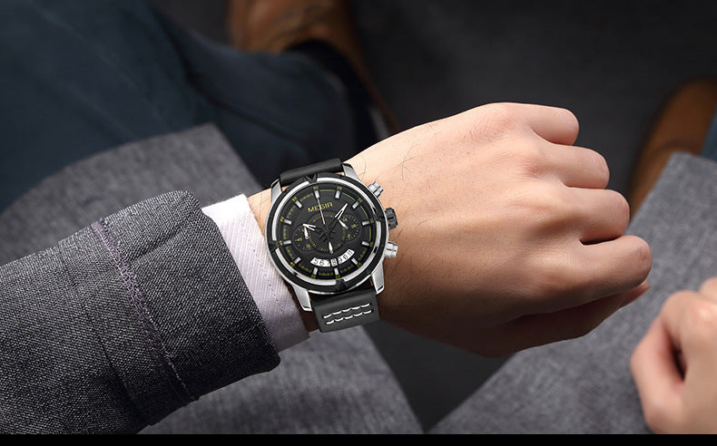 Men Timekeeping Waterproof Multi-functional Leather Quartz Watch With Large Dial