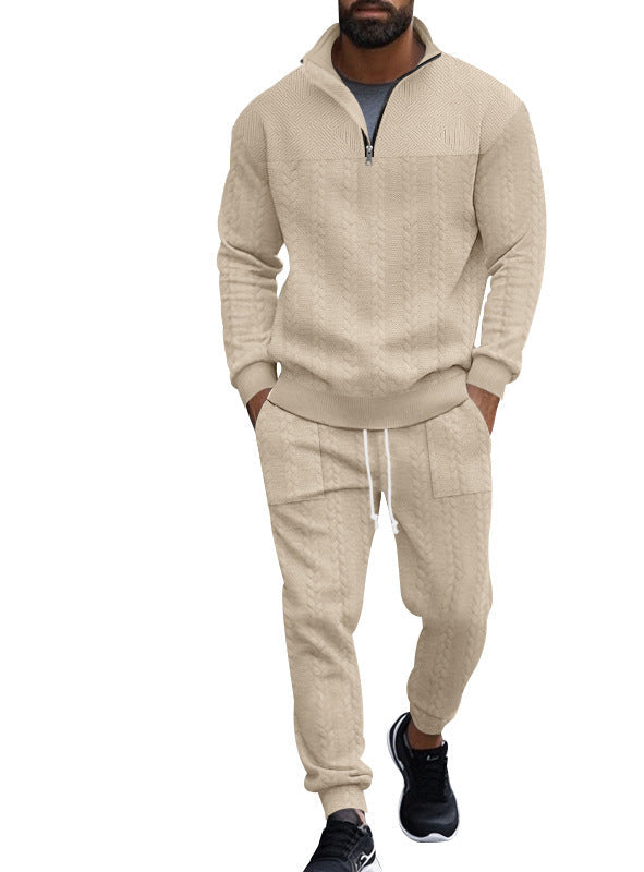 Men's Casual Fleece-lined Warm-up Zippered Track Pants Set