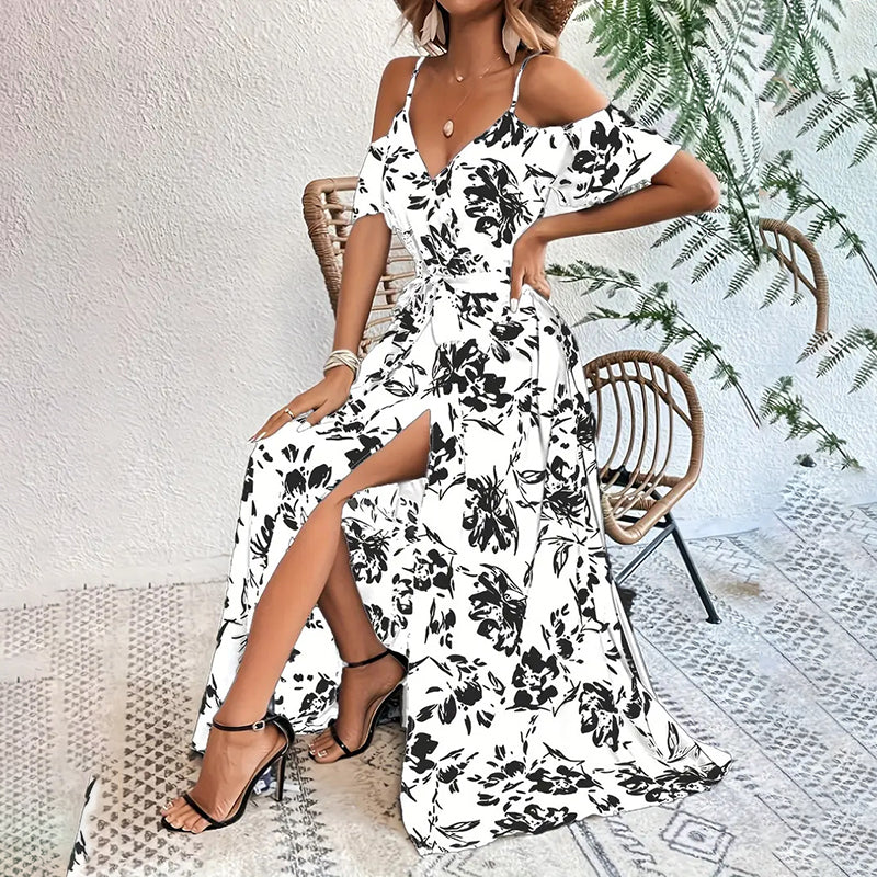 Women's Floral Maxi Dress Cold Shoulder Split Belted A Line Long Summer Dress
