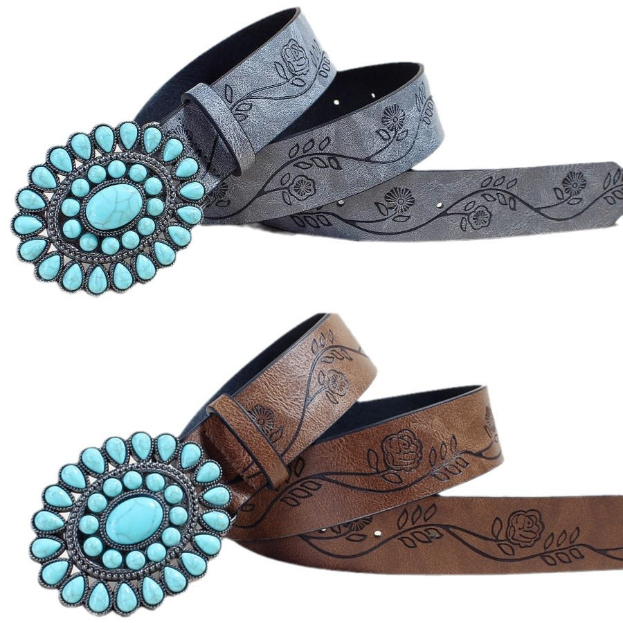 Flow New Rose Pattern Printed Green Pine Beads Alloy Buckle Belt