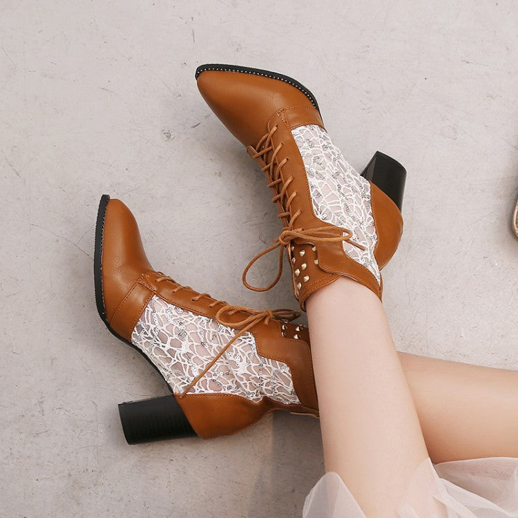 Lace Hollow-out Spliced Heel  Ankle Boots